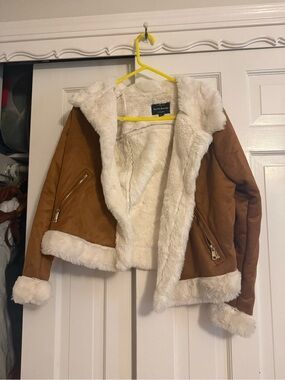 Haute Monde Brown Teddy Jacket with Cream Faux Fur Trim